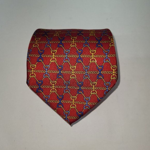 Via Condotti Roma Tie Mens OS Necktie Red Equestrian Chain Print Silk Handmade - Picture 3 of 9
